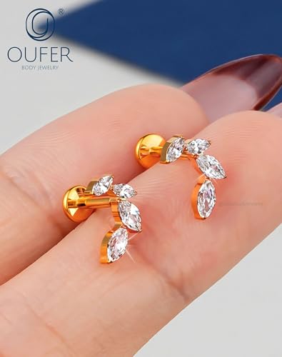 OUFER Body Piercing Titanium Helix Piercing Jewelry 16G Leaf Helix Earrings for Women Internally Thread Conch Helix Stud Flat Back Cartilage Earrings Surgical Steel Gold Cartilage Piercing Jewelry - color: clear CZ, size: 1.2*8mm