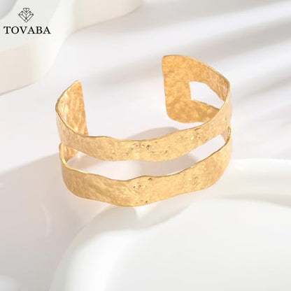 Chunky 14k Gold Cuff Bracelets for Women - Non Tarnish Teardrop Bangle Multi-layer Cross Wire Open Bracelets - color: 07 Gold-Hammered Cuff Bracelets