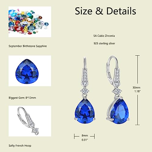 Women 925 Sterling Silver Birthstone Teardrop Leverback Drop Dangle Earrings 8 * 12mm 5A Cubic Zirconia Jewelry for Her - color: September,Sapphire Color