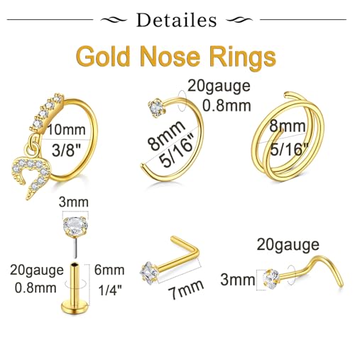 Longita 20g Nose Rings Hoop L Shape Nose Studs Stainless Steel Nose Screw Bone Flat Top Diamond Opal Heart High Nostril Piercing Jewelry Silver Rose Gold Black Pack for Women Men - color: 42-20g- gold