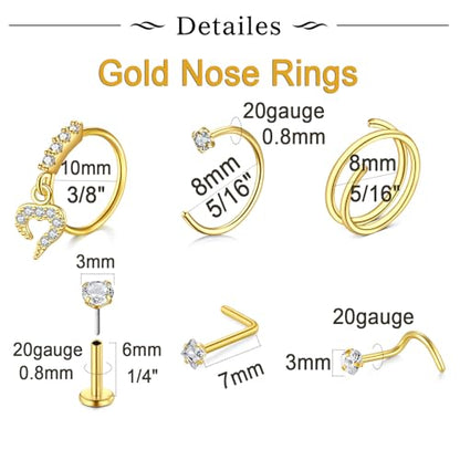 Longita 20g Nose Rings Hoop L Shape Nose Studs Stainless Steel Nose Screw Bone Flat Top Diamond Opal Heart High Nostril Piercing Jewelry Silver Rose Gold Black Pack for Women Men - color: 42-20g- gold