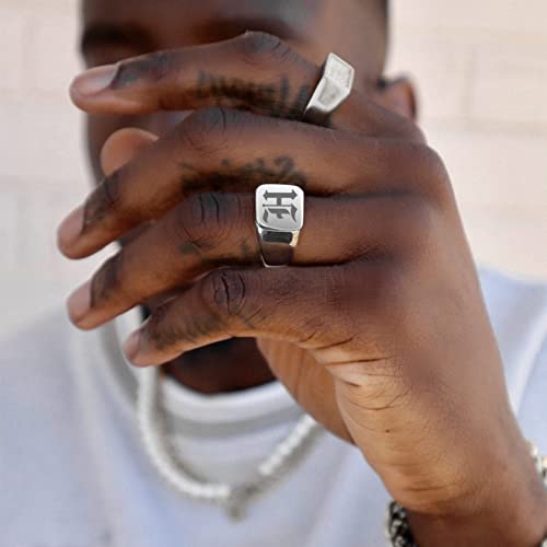 GoldChic Jewelry Personalized Signet Rings Men Women, Stainless Steel Custom Photo Bold Square/Oval Monogram/Old English Initial Pinky Stacking Statement Ring in Black/Silver/Gold (Size 7-14) - color: Steel-Initial -Square