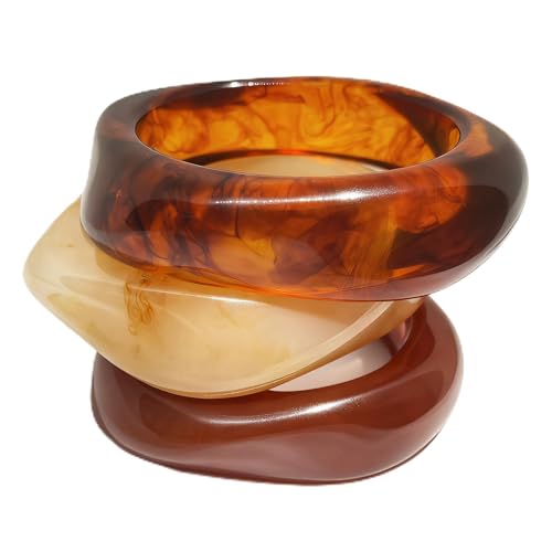 FAXHION Chunky Resin Acrylic Bangle Bracelets for Women, Colorful Wide Geometric Bangles Set, Statement Stackable Bracelet Jewelry Gift - color: Brown