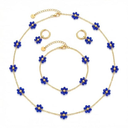 Daisy Pearl Jewelry Set for Women, 14K Gold Plated Stainless Steel Necklace Bracelet Earring 3 Piece Set, Dainty Pearl Choker Flower Necklace Birthday Gift for Her - color: Dark Blue