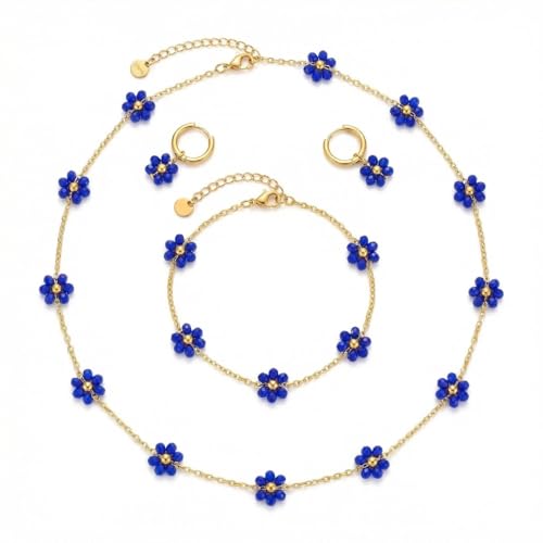 Daisy Pearl Jewelry Set for Women, 14K Gold Plated Stainless Steel Necklace Bracelet Earring 3 Piece Set, Dainty Pearl Choker Flower Necklace Birthday Gift for Her - color: Dark Blue