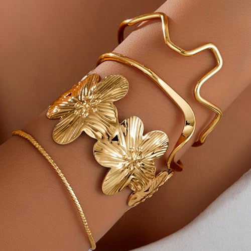 Gold Chunky Stackable Flower Bangle for Women,Trendy Boho Floral Open Cuff Bracelet Set,Fashion Spring Outfit Accessories Birthday Jewelry Gift