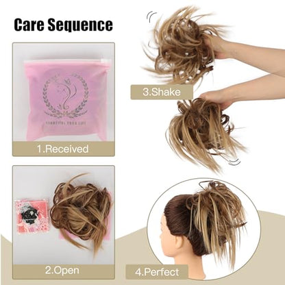 HMD Tousled Updo Messy Bun Hair Piece for Women Synthetic Hair Extension | Messy Bun Hair Piece with Elastic Scrunchie Synthetic Tousled Updos Ponytail Hairstyles for Daily Wear - color: 85/613#Ash Blonde Mix Bleach Blonde