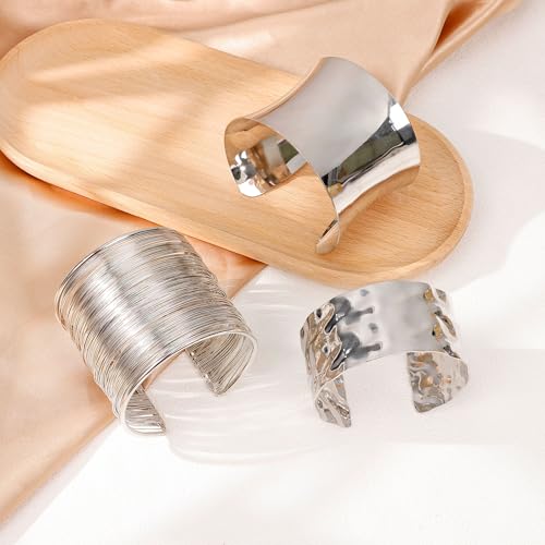 3Pcs Chunky Gold Cuff Bracelets Open Wide Bangle Bracelets Set for Women Minimalist Irregular Bracelet Statement Wrist Cuff Wrap Bracelet Jewelry - style: styleC silver
