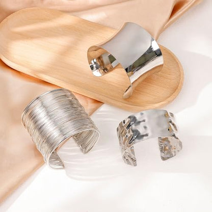 3Pcs Chunky Gold Cuff Bracelets Open Wide Bangle Bracelets Set for Women Minimalist Irregular Bracelet Statement Wrist Cuff Wrap Bracelet Jewelry - style: styleC silver