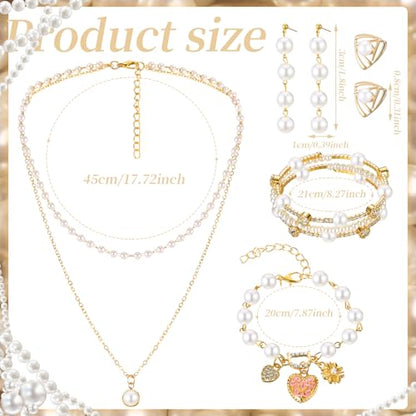 Glenmal Pearl Rhinestone Jewelry Set for Women Pearl Necklace Bracelet Earrings for Wedding Halloween Bridal Shower Tea Party - style: Stylish Style