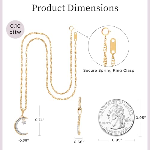 Jewelili 10K Yellow Gold Moon & Star Diamond Pendant Necklace for Women, 1/10 CTTW Natural White Round Diamonds, 18" Gold-Filled Rope Chain, Gift Box Included