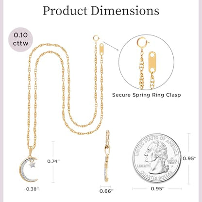 Jewelili 10K Yellow Gold Moon & Star Diamond Pendant Necklace for Women, 1/10 CTTW Natural White Round Diamonds, 18" Gold-Filled Rope Chain, Gift Box Included