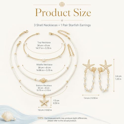 Sea Shell Necklace Set for Women, 3PCS Gold White Alloy Seashell Necklaces with 2PCS Matching Starfish Earrings, Ocean Inspired Beach Vacation Jewelry