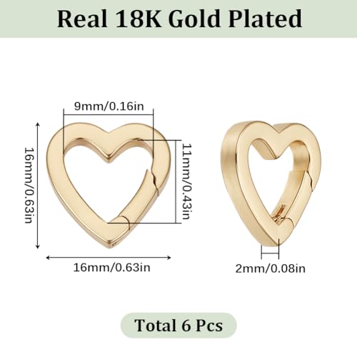 SUNNYCLUE 1 Box 6Pcs Trigger Spring O Ring 18K Gold Plated Brass Heart Shaped Keyrings Mini Small Clip Snap Hooks Clasps Purse Buckles Fastener Rings for Jewelry Making Keychain Handbag DIY Crafts - color: 1 Box 6pcs 18k Gold Plated Heart O Rings 16x16mm