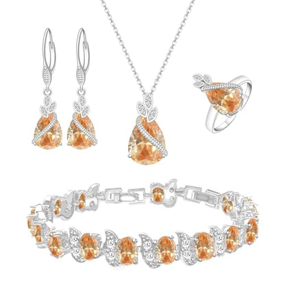 LMXXVJ Jewelry Set for Women,Teardrop Cubic Zirconia Necklace Earrings Adjustable Ring Bracelet Jewelry Set Formal Jewelry Gift - color: SYSD-White Gold-Champagne