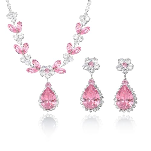 OIDIMS Elegant Teardrop Flower Leaf Wedding Bridal Jewelry Set for Women Ladies Cubic Zirconia Pendant Choker Necklace Drop Dangle Earring Fashion Evening Party Formal Costume Accessories Jewelry - color: Pink
