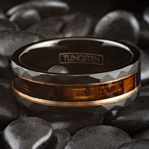 Gorgeous Unique 8mm Brushed Satin Finish Black Tungsten Carbide Faceted Flat Band Ring with Charred Whiskey Barrel Oak Wood Inlay between Rose Gold Stripes.