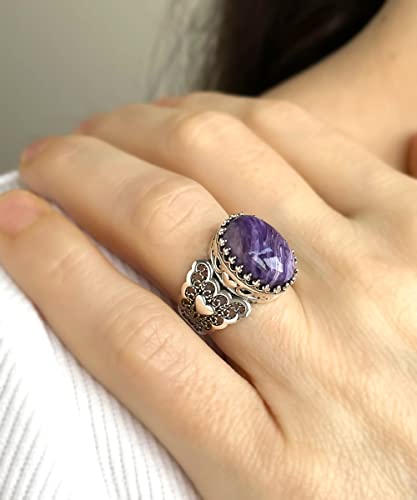 Filigranist 925 Sterling Silver Handcrafted Filigre Art Double Heart Detailed Women Cocktail Ring with Gemstones - color: Charoite