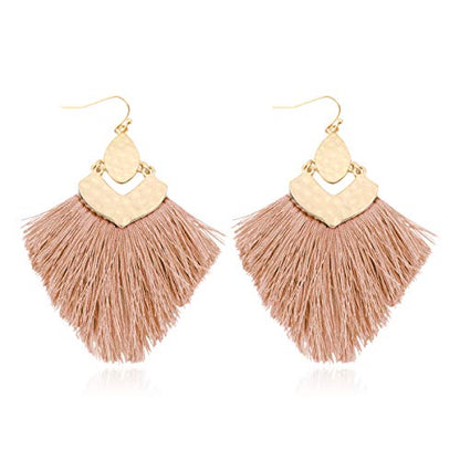 Bohemian Thread Tassel Drop Earrings - Geometric Petal Fan Fringe Feather Statement Chandelier Duster Dangles - color: Boho Tassel Chandelier - Dusty Pink