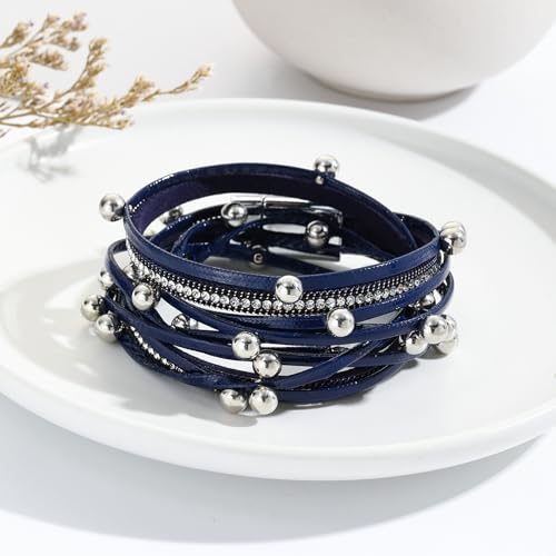 VIBILIA Boho Leather Wrap Bracelets for Women Multi-Layer Bracelets | With Strong Clasp Jewelry for Women - color: 07-Beads-Blue