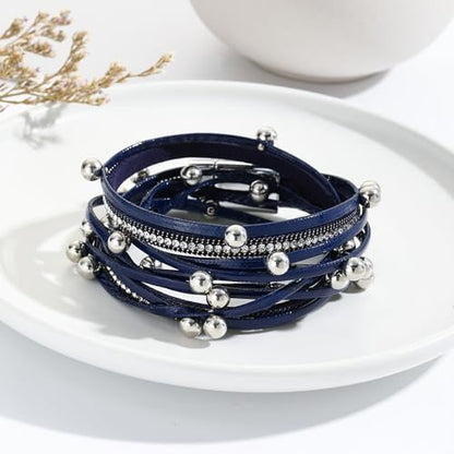 VIBILIA Boho Leather Wrap Bracelets for Women Multi-Layer Bracelets | With Strong Clasp Jewelry for Women - color: 07-Beads-Blue