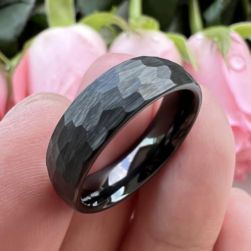 TUTISS 6mm 8mm Silver/Black/Gold/Rose Gold Hammered Tungsten Rings for Men Women Couple Fashion Jewelry Engagement Wedding Bands Domed Matte Finish Comfort Fit - color: 6mm Black Tungsten