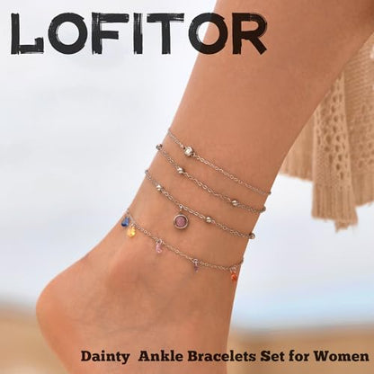 LOFITOR Anklets for Women Ankle Bracelet Charm Link Chain Set Foot | Waterproof Dainty Cz Evil Eye Beaded Anklets Adjustable Beach Foot Jewelry Feet Chains, Summer Beach Foot Jewelry Gifts - style: Color CZ Silver