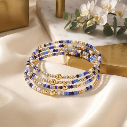 Seed Beaded Stack Bracelets Set for Women,Small Boho 4Pcs Colorful Handmade Dainty Trendy Gold Stretch Accessories Jewelry, Summer Daily Party Friendship Gift - color: Royal Blue