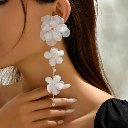 Flower Earrings for Women Long Fabric Flower Tassel Earrings Bohemian Handmade Floral Statement Earring Wedding Prom Jewelry Gifts - color: A1：white