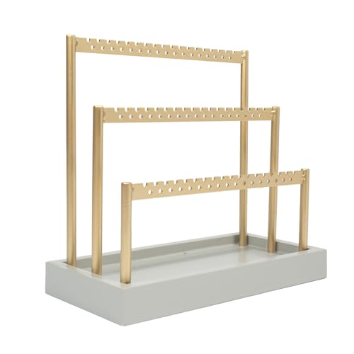SANY DAYO HOME 3-Tier Earring Holder Organizer Stand, 105 Holes Gold Metal Earring Rack Jewelry Display Tree with Gray Wood Tray for Women and Girls - color: Gold Rack Gray Base