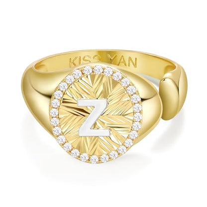 KissYan 14K Gold Plated Initial Ring for Women | Adjustable CZ Halo Letter Signet Ring, Personalized Monogram Statement Jewelry Gift, Tarnish Resistant - style: Letter Z