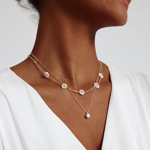LULII Pearl Necklaces for Women 14K Gold Plated Dainty Layered Single Pearl Necklace Simple Daisy Pearls Choker Cute Gold Necklace Stack Jewelry Sets for Women Trendy Gifts - color: Gold-Layered Daisy Pearl Set
