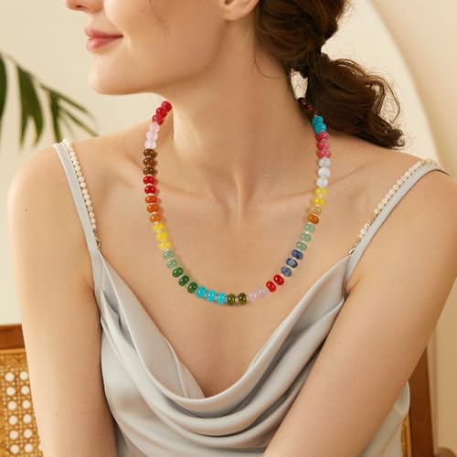 JULBEAR Boho Colorful Beaded Gemstone Choker Necklace for Women | Natural Stone Choker Necklace, Boho Beach Necklace, Rainbow Handmade Summer Stone Jewelry