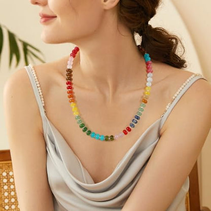 JULBEAR Boho Colorful Beaded Gemstone Choker Necklace for Women | Natural Stone Choker Necklace, Boho Beach Necklace, Rainbow Handmade Summer Stone Jewelry