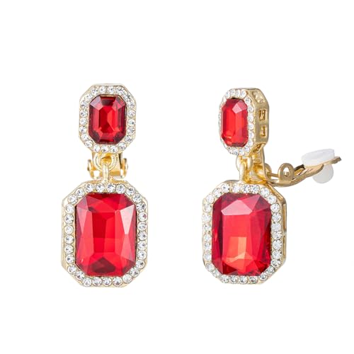 YINLI Austrian Crystal Square Shape Dangle Drop Clip on Earrings for Women - color: Red,Gold