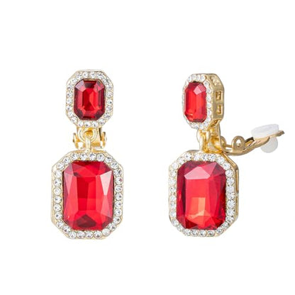 YINLI Austrian Crystal Square Shape Dangle Drop Clip on Earrings for Women - color: Red,Gold