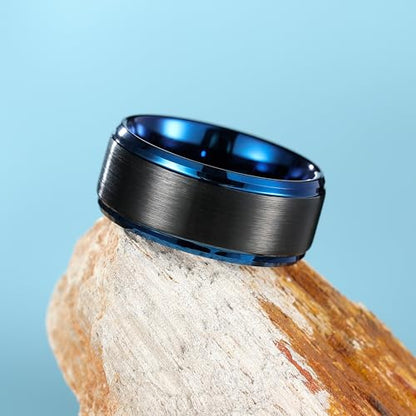 King Will Mens Brushed Wedding Band, Two Tone Matte Step Edges/Pipe Cut, Tungsten Carbide Anniversary Promise Rings Comfort Fit - color: Black&Blue-10mm