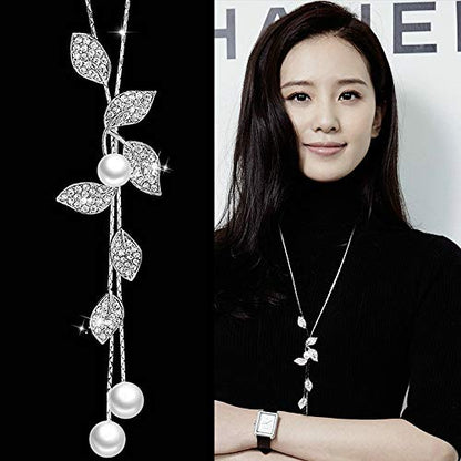 Y-Shaped Necklace Bohemian Crystal Pearl Flower Leaf Dangle Long Necklace Fashion Elegant Tassel Sweater Chain Women Jewelry