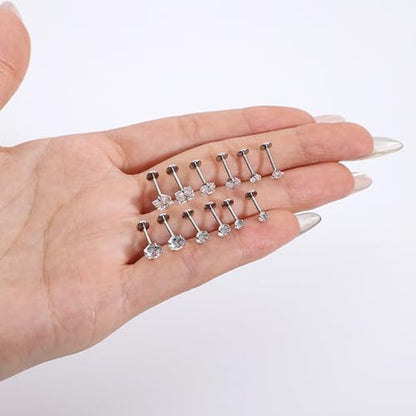 18G 16G Hypoallergenic Surgical Stainless Steel Internal Thread Tragus Labret Cartilage CZ Stud Piercing Jewelry Helix Cartilage Conch Nose Lip Labret Medusa Piercingenic Be Equipped With Piercing Ball Grabber Tool Flat Back Stud Earrings for Women Men -