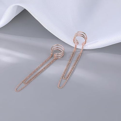 SLUYNZ 925 Sterling Silver No Piercing Cuff Earrings Chain for Women Wrap Earrings Tassel Clip On Ear - color: Rose Gold Plated