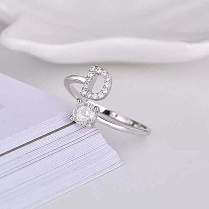 FUTIMELY Initial Letter Ring Alphabet Ring A-Z Silver Crystal Open Adjustable Personalized Initial Ring for Women - style: D