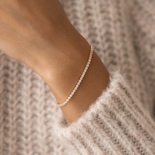 Tewiky Tennis Bracelet 14K Gold/Silver Plated 3mm Cubic Zirconia Tennis Bracelets for Women, Dainty Gold Bracelets for Women Non Tarnish Jewelry - color: Gold