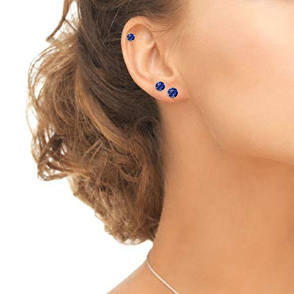 Sapphire Earrings for Women Sterling Silver Trendy Round-Cut Created Blue Gemstone Solitaire Studs for Men Bridesmaids Prom Gift - color: 3-4-5-6mm - Sterling Silver / 4 Pairs