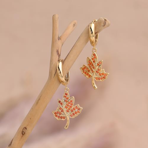 Sonateomber Christmas Tree Dangle Small Gold Hoop Earrings for Women, Cute Sparkly CZ Rhinestone Maple Clover Leaf Drop Earings Thanksgiving Holiday Accessories Fashion Jewelry Gift - color: Fall Orange
