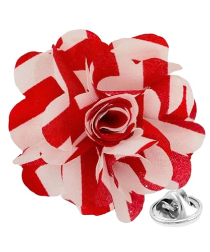 Premium Men's Formal Striped Flower Lapel Pin - Boutonniere for Men, Flower Brooch Pin - color: Red/White