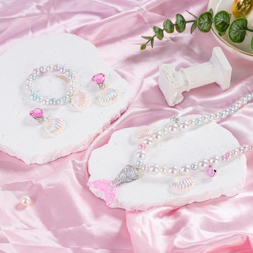Mermaid Necklace Bracelet Set Mermaid Jewelry Kit Included Shell Necklace Bracelet Ring Earrings Accessories - color: Purple+pink