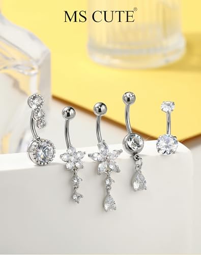 5PCS Belly Button Rings for Women Girls, 14G Surgical Steel Navel Rings Set, Gold & Silver CZ Dangle Body Piercing Jewelry - color: Silver-Flower