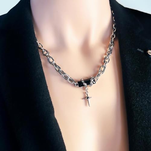 Gothic Cross Star Necklace For Men Women Silver Stainless Steel Cuban Link Paperclip Figaro Bead Chain Punk Kpop Y2k Goth Irregular Layered Cross Pendant Necklace Non Tarnish Jewelry Gift - color: Black C