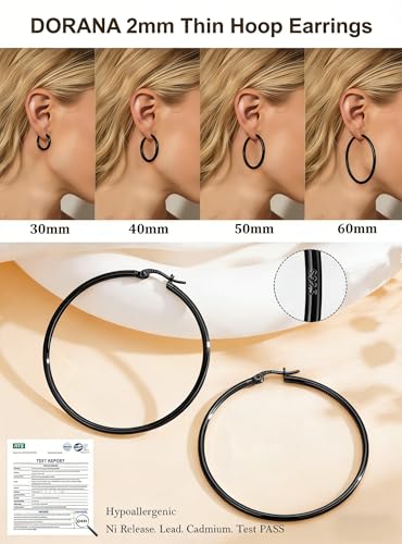 2mm Thin 14K Gold Plated Large S925 Sterling Silver Hoop Earrings for Women Hypoallergenic Big Hoop Non Tarnish Earrings Lightweight 20/30/40/50/60/70mm - color: Black-50mm