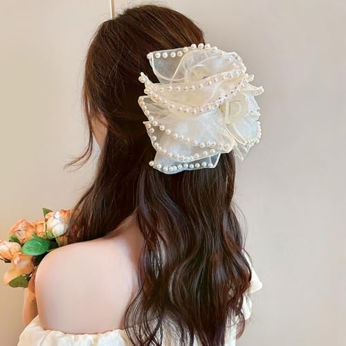Elegant Pearl-Trimmed Hair Claw Clips, Black and White Chiffon Silk Bows, Large Nonslip French Barrette Hair Accessories for Women, 2 Pack